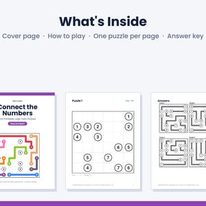 Pu&ograve; includere: Un documento digitale intitolato Connect the Numbers contenente 100 puzzle logici stampabili. Il layout include una copertina, istruzioni di gioco, pagine di puzzle con griglie numerate e una pagina finale con le soluzioni.