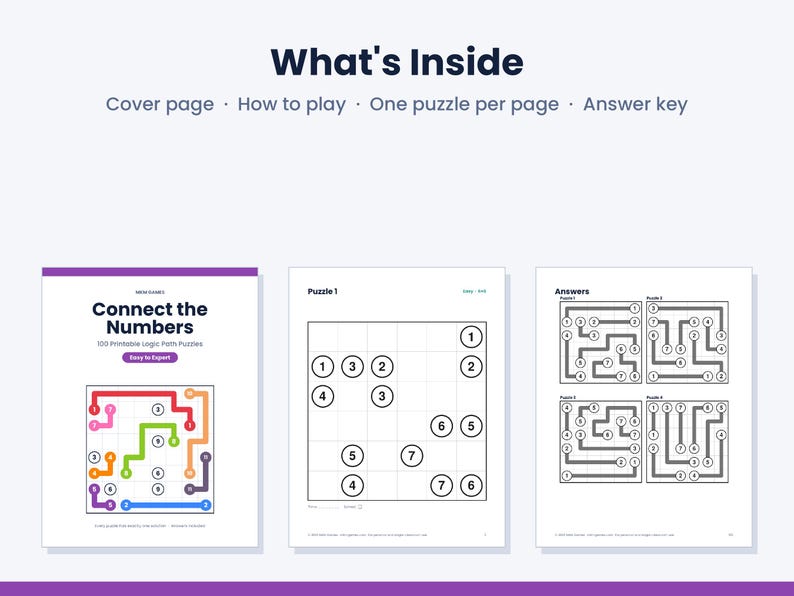 Pu&ograve; includere: Un documento digitale intitolato Connect the Numbers contenente 100 puzzle logici stampabili. Il layout include una copertina, istruzioni di gioco, pagine di puzzle con griglie numerate e una pagina finale con le soluzioni.