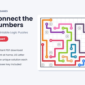 Puede incluir: Un juego de l&oacute;gica titulado Connect the Numbers de MKM Games, que incluye 25 rompecabezas imprimibles. La imagen muestra una cuadr&iacute;cula con caminos coloridos que conectan c&iacute;rculos numerados coincidentes, con una etiqueta de nivel experto.