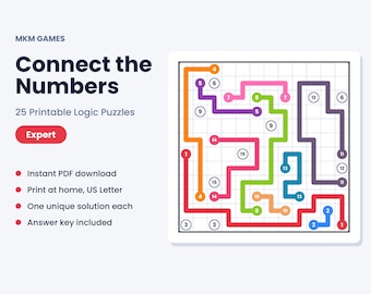 Könnte beinhalten: Ein Logikrätsel-Spiel mit dem Titel Connect the Numbers von MKM Games, das 25 druckbare Rätsel enthält. Das Bild zeigt ein Gitter mit farbigen Pfaden, die passende nummerierte Kreise verbinden, inklusive einer Kennzeichnung für Experten.