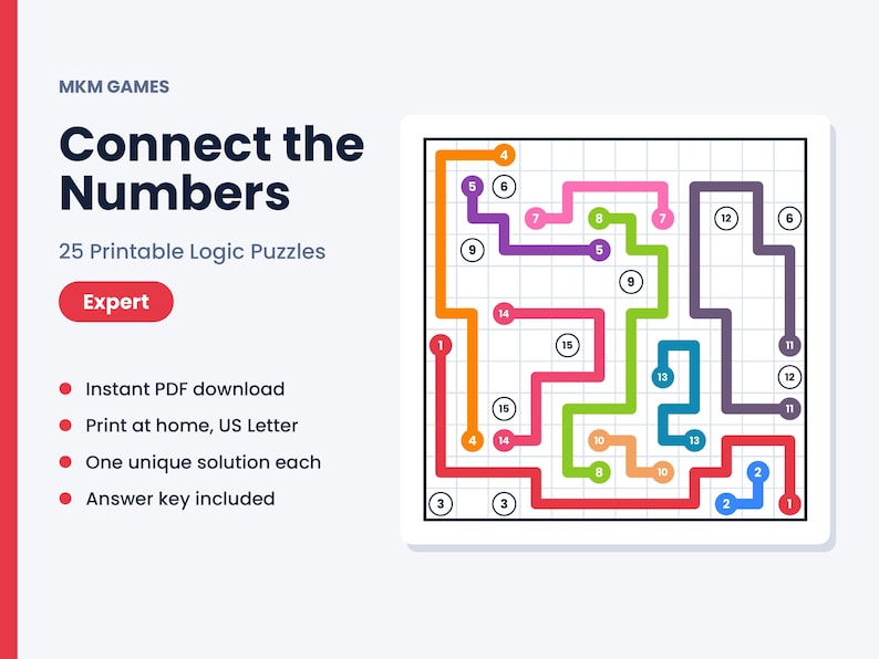 Puede incluir: Un juego de l&oacute;gica titulado Connect the Numbers de MKM Games, que incluye 25 rompecabezas imprimibles. La imagen muestra una cuadr&iacute;cula con caminos coloridos que conectan c&iacute;rculos numerados coincidentes, con una etiqueta de nivel experto.