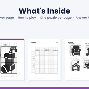 Może przedstawiać: Książka z łamigł&oacute;wkami nonogram z tekstem What's Inside, Cover page, How to play, One puzzle per page oraz Answer key. Strony przedstawiają czarno-białą łamigł&oacute;wkę z obrazkiem skarpety, pustą siatkę do rozwiązywania oraz stronę z odpowiedziami.