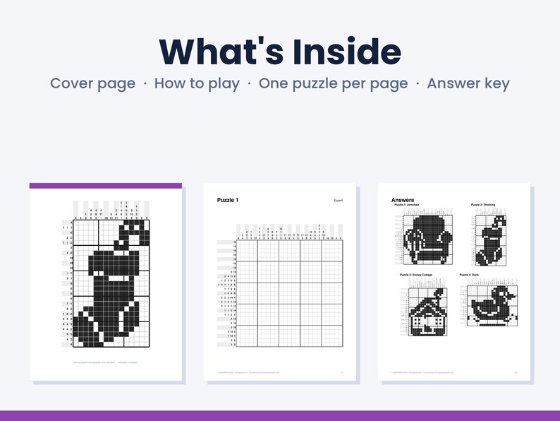 Może przedstawiać: Książka z łamigł&oacute;wkami nonogram z tekstem What's Inside, Cover page, How to play, One puzzle per page oraz Answer key. Strony przedstawiają czarno-białą łamigł&oacute;wkę z obrazkiem skarpety, pustą siatkę do rozwiązywania oraz stronę z odpowiedziami.