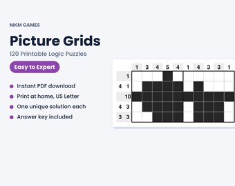 Picture Grids Puzzle Bundle, 120 Printable Logic Puzzles Easy to Expert, Nonogram Picture Puzzles PDF, Brain Games for Adults, With Answers