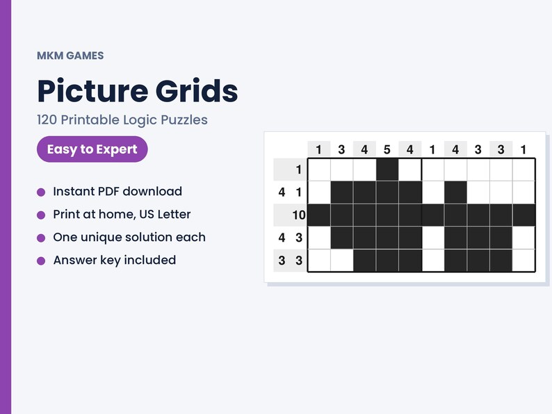 Pu&ograve; includere: MKM Games Picture Grids 120 Printable Logic Puzzles Easy to Expert. Le caratteristiche includono download PDF istantaneo, stampa a casa, formato US Letter, una soluzione unica per ogni puzzle e chiave di risposta inclusa. Una griglia logica.