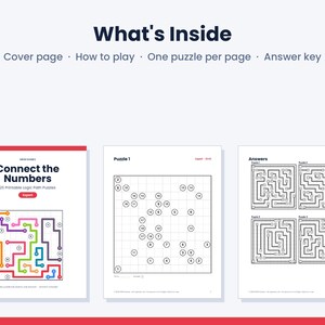 Puede incluir: Un documento digital titulado Connect the Numbers que contiene 25 rompecabezas l&oacute;gicos imprimibles. El dise&ntilde;o incluye una portada con un ejemplo colorido, una p&aacute;gina de rompecabezas con c&iacute;rculos numerados en una cuadr&iacute;cula y una hoja de respuestas.