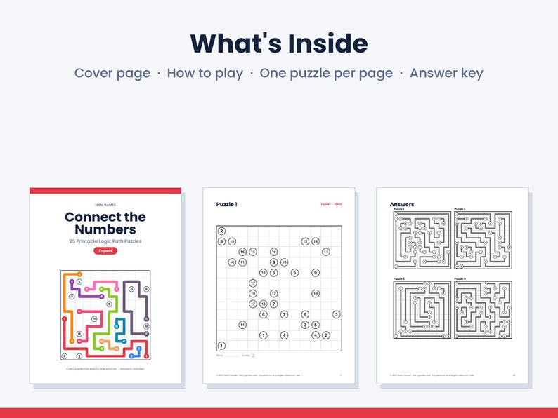 Puede incluir: Un documento digital titulado Connect the Numbers que contiene 25 rompecabezas l&oacute;gicos imprimibles. El dise&ntilde;o incluye una portada con un ejemplo colorido, una p&aacute;gina de rompecabezas con c&iacute;rculos numerados en una cuadr&iacute;cula y una hoja de respuestas.
