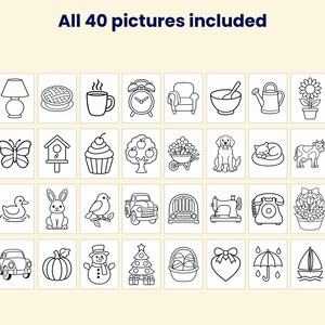 May include: A collection of 40 black and white line art illustrations arranged in a grid, featuring various subjects including animals, plants, household items, vehicles, and seasonal icons, with the text All 40 pictures included.