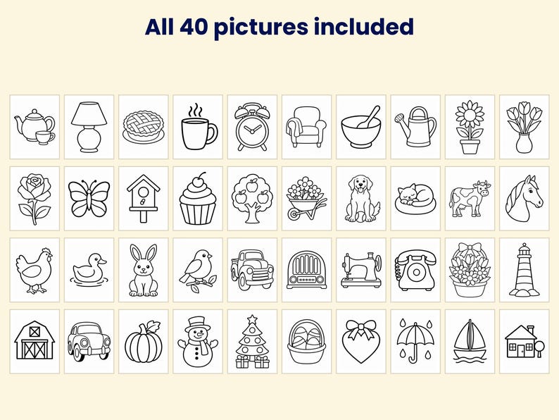 May include: A collection of 40 black and white line art illustrations arranged in a grid, featuring various subjects including animals, plants, household items, vehicles, and seasonal icons, with the text All 40 pictures included.