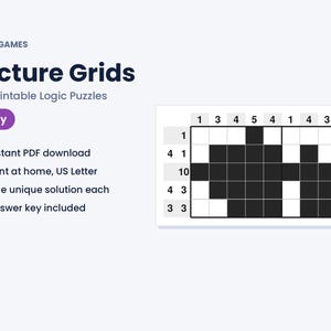 Pu&ograve; includere: Un elenco di prodotti digitali per MKM Games Picture Grids, contenente 25 puzzle logici stampabili. La grafica mostra il titolo, un'etichetta per la difficolt&agrave; Easy, un elenco di caratteristiche e un esempio di griglia nonogramma.