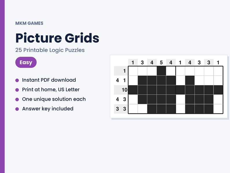 Pu&ograve; includere: Un elenco di prodotti digitali per MKM Games Picture Grids, contenente 25 puzzle logici stampabili. La grafica mostra il titolo, un'etichetta per la difficolt&agrave; Easy, un elenco di caratteristiche e un esempio di griglia nonogramma.
