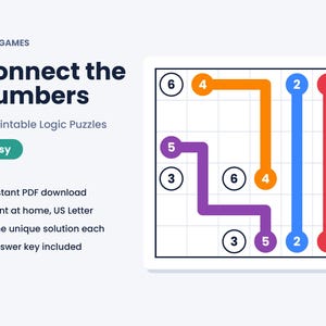 K&ouml;nnte beinhalten: Eine digitale Grafik f&uuml;r MKM Games Connect the Numbers 25 Printable Logic Puzzles. Das Bild zeigt ein quadratisches Gitter mit nummerierten Kreisen, die durch farbige Linien in Orange, Blau, Rot und Lila verbunden sind, sowie Textdetails.