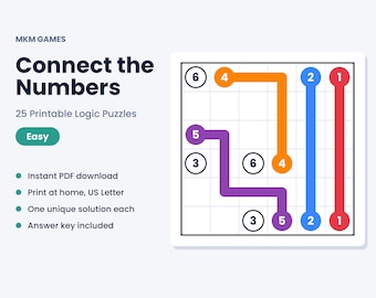 Könnte beinhalten: Eine digitale Grafik für MKM Games Connect the Numbers 25 Printable Logic Puzzles. Das Bild zeigt ein quadratisches Gitter mit nummerierten Kreisen, die durch farbige Linien in Orange, Blau, Rot und Lila verbunden sind, sowie Textdetails.