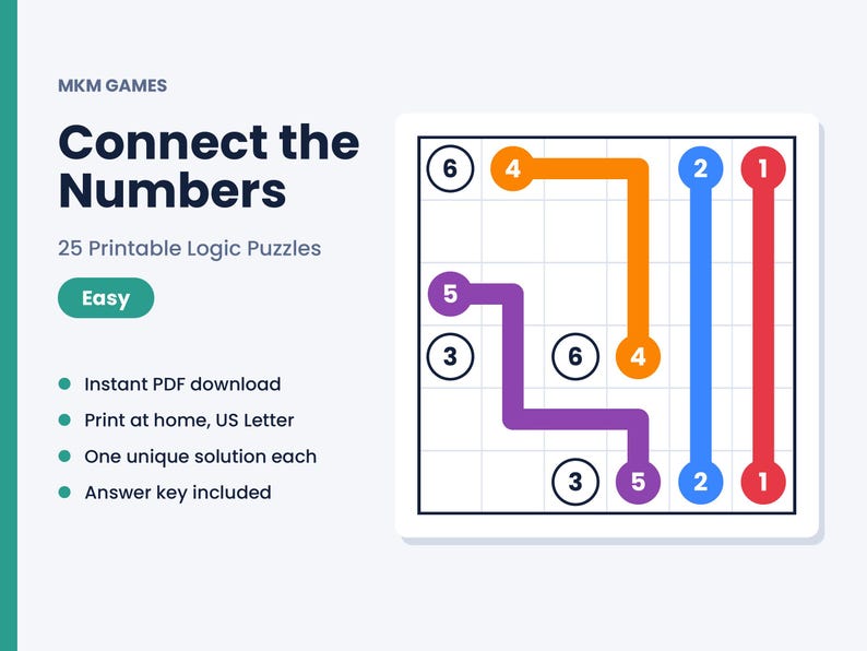 K&ouml;nnte beinhalten: Eine digitale Grafik f&uuml;r MKM Games Connect the Numbers 25 Printable Logic Puzzles. Das Bild zeigt ein quadratisches Gitter mit nummerierten Kreisen, die durch farbige Linien in Orange, Blau, Rot und Lila verbunden sind, sowie Textdetails.