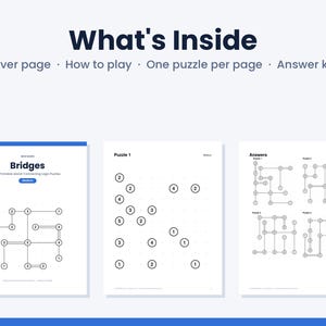May include: A digital document titled What's Inside featuring a cover page, instructions, and logic puzzles. The pages display Bridges puzzles with numbered circles connected by lines, and a separate page showing the answer key.