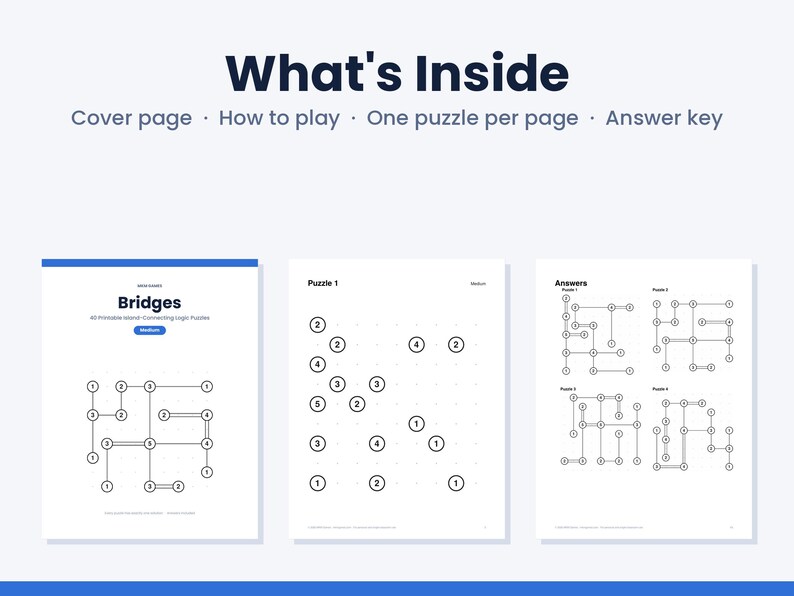 May include: A digital document titled What's Inside featuring a cover page, instructions, and logic puzzles. The pages display Bridges puzzles with numbered circles connected by lines, and a separate page showing the answer key.