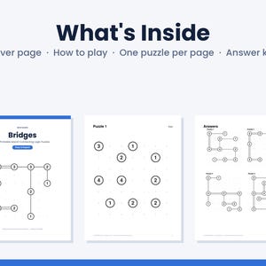 Op de afbeelding: Een digitaal document getiteld What's Inside met een voorpagina, spelinstructies en logische puzzels. De pagina's tonen Bridges-puzzels met genummerde cirkels verbonden door lijnen, en een sectie met antwoorden voor de puzzels.