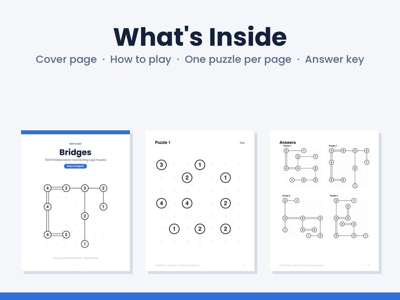 Op de afbeelding: Een digitaal document getiteld What's Inside met een voorpagina, spelinstructies en logische puzzels. De pagina's tonen Bridges-puzzels met genummerde cirkels verbonden door lijnen, en een sectie met antwoorden voor de puzzels.