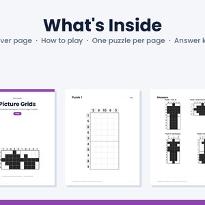 Pu&ograve; includere: Un documento digitale intitolato What's Inside contenente una copertina, istruzioni e puzzle logici. Le pagine mostrano griglie con righe e colonne numerate, griglie vuote da risolvere e una chiave di risposta con disegni in bianco e nero.