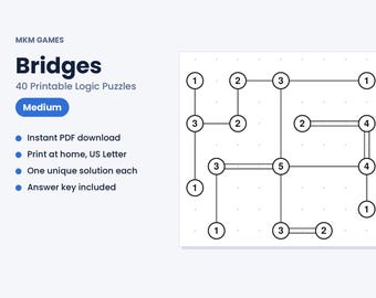 Puzzle di logica stampabili di Bridges, 40 puzzle di livello medio di Hashi Island in PDF, giochi per la mente per adulti e ragazzi, con soluzioni