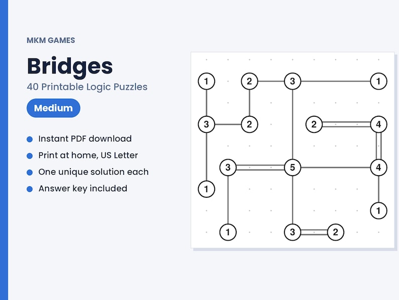 May include: A Bridges logic puzzle sheet titled MKM GAMES Bridges 40 Printable Logic Puzzles Medium. The page features a grid of numbered circles connected by horizontal and vertical lines, with bullet points listing features like Instant PDF download.