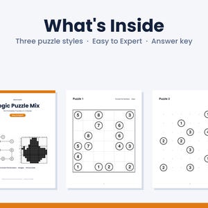 May include: A digital document titled What's Inside featuring three puzzle styles from easy to expert with an answer key. The pages display Logic Puzzle Mix, Connect the Numbers, Bridge, and Picture Grid puzzles with numbered circles and grids.