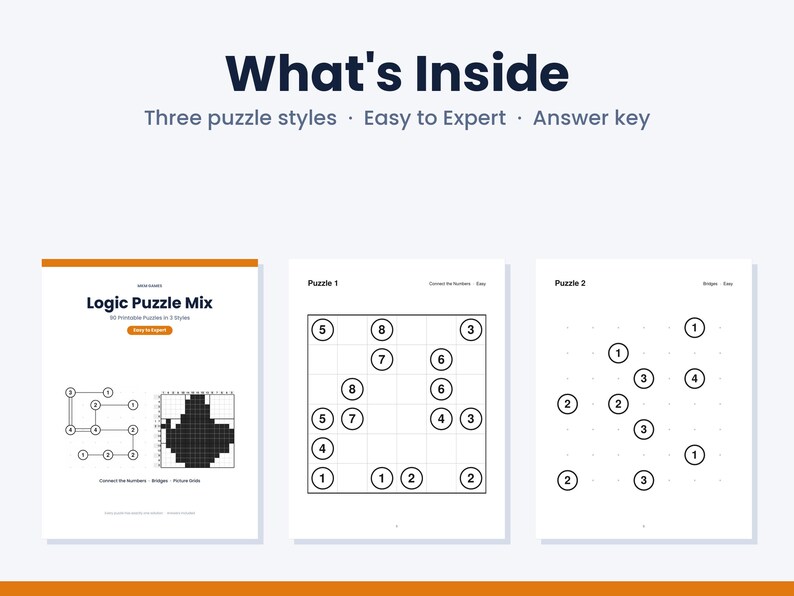 May include: A digital document titled What's Inside featuring three puzzle styles from easy to expert with an answer key. The pages display Logic Puzzle Mix, Connect the Numbers, Bridge, and Picture Grid puzzles with numbered circles and grids.