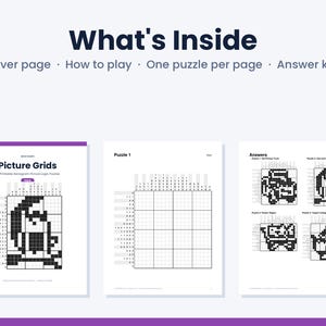 May include: A printable logic puzzle book titled Picture Grids featuring a cover page, instructions, individual puzzle pages, and an answer key. The pages display black and white grid-based nonogram puzzles with numerical clues.