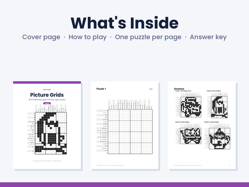 May include: A printable logic puzzle book titled Picture Grids featuring a cover page, instructions, individual puzzle pages, and an answer key. The pages display black and white grid-based nonogram puzzles with numerical clues.
