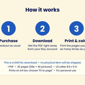 May include: An instructional graphic titled How it works with three blue circles numbered 1, 2, and 3. Text includes Purchase, Download, and Print & color. A box states this is a digital download, 1 PDF, 42 pages, US Letter 8.5 x 11 inches.