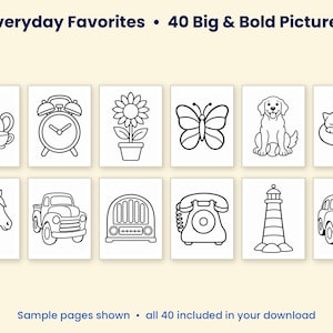 K&ouml;nnte beinhalten: Eine Malbuchsammlung mit dem Titel Everyday Favorites &bull; 40 Big & Bold Pictures, die zw&ouml;lf schwarz-wei&szlig;e Strichzeichnungen einer Teekanne, eines Weckers, einer Blume, eines Schmetterlings, eines Hundes, einer Katze, eines Pferdes, eines Lastwagens, eines Radios, eines Telefons, eines Leuchtturms und eines Autos zeigt.