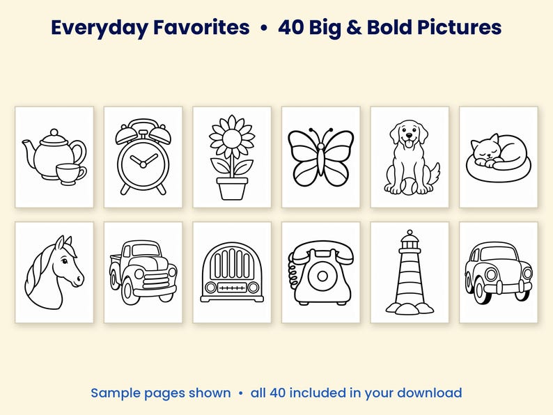 K&ouml;nnte beinhalten: Eine Malbuchsammlung mit dem Titel Everyday Favorites &bull; 40 Big & Bold Pictures, die zw&ouml;lf schwarz-wei&szlig;e Strichzeichnungen einer Teekanne, eines Weckers, einer Blume, eines Schmetterlings, eines Hundes, einer Katze, eines Pferdes, eines Lastwagens, eines Radios, eines Telefons, eines Leuchtturms und eines Autos zeigt.