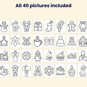 K&ouml;nnte beinhalten: Eine Sammlung von 40 schwarz-wei&szlig;en Strichzeichnungen mit Weihnachtsmotiven wie Schneemann, Weihnachtsmann, Rentier, Geschenken, Ornamenten, Lebkuchenmann, Zug, Pinguin und Nussknacker mit dem Text All 40 pictures included.