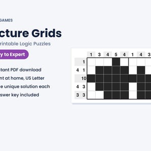 K&ouml;nnte beinhalten: Ein digitales Produktangebot f&uuml;r MKM Games Picture Grids mit 120 druckbaren Logikr&auml;tseln. Das Bild zeigt ein Nonogramm-R&auml;tselgitter mit schwarzen und wei&szlig;en Quadraten sowie Text, der Funktionen wie den sofortigen PDF-Download beschreibt.
