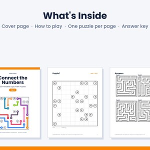 Op de afbeelding: Een printbare logische puzzelset getiteld Connect the Numbers met 25 puzzels. Het document bevat een voorpagina, instructies, puzzelpagina's met genummerde rasters en een antwoordpagina met voltooide paden tussen de getallen.