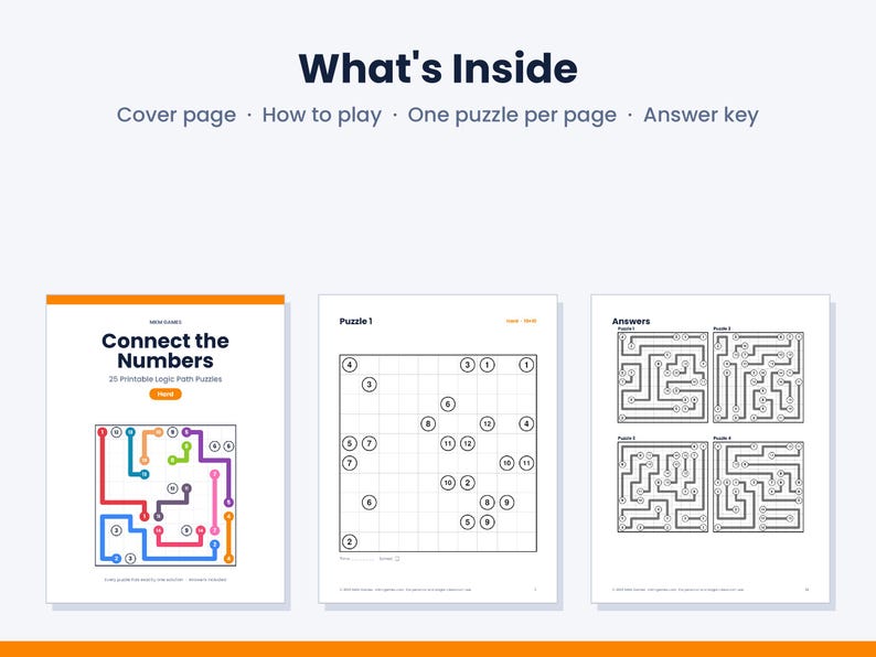 Op de afbeelding: Een printbare logische puzzelset getiteld Connect the Numbers met 25 puzzels. Het document bevat een voorpagina, instructies, puzzelpagina's met genummerde rasters en een antwoordpagina met voltooide paden tussen de getallen.