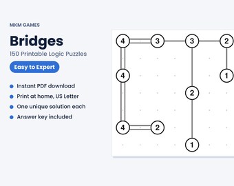 Bridges Puzzle Bundle, 150 Printable Logic Puzzles Easy to Expert, Hashi Island Puzzles PDF, Brain Games for Adults, With Answers