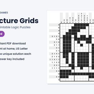 May include: A digital product listing for MKM Games Picture Grids featuring 35 printable logic puzzles. The graphic displays the text Picture Grids, Hard, and a black and white nonogram puzzle grid showing a bird perched on a branch.