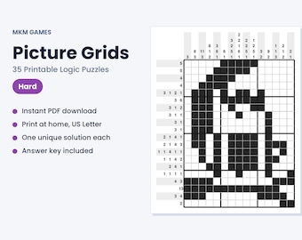 Picture Grids Printable Logic Puzzles, 35 Hard Nonogram Picture Puzzles PDF, Challenging Brain Games for Adults, With Answers