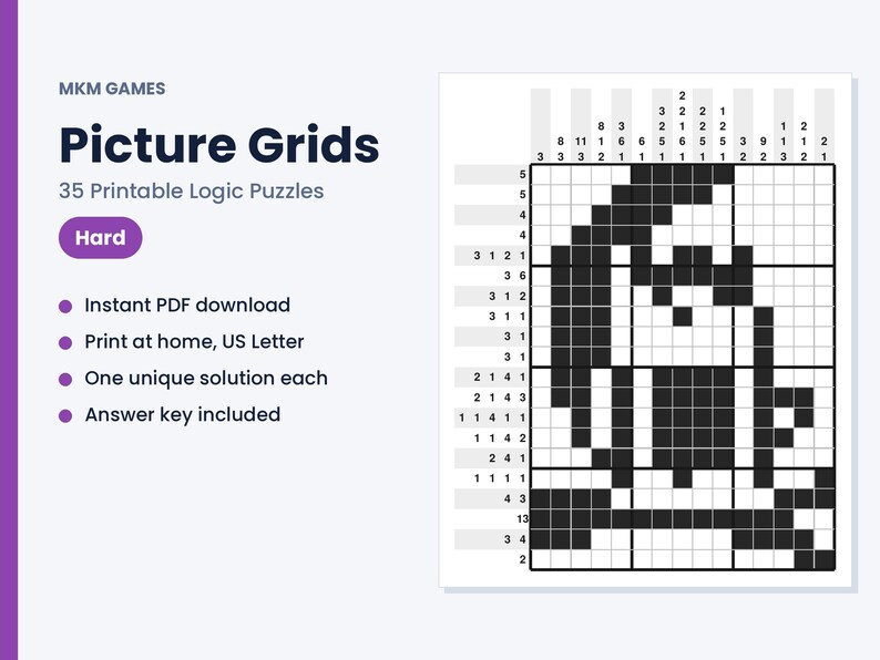 May include: A digital product listing for MKM Games Picture Grids featuring 35 printable logic puzzles. The graphic displays the text Picture Grids, Hard, and a black and white nonogram puzzle grid showing a bird perched on a branch.