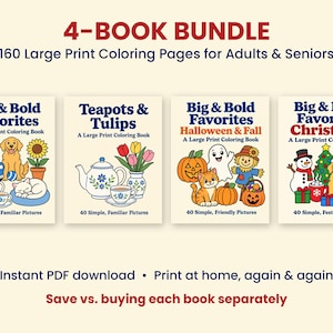 K&ouml;nnte beinhalten: Ein 4-B&uuml;cher-Set mit Gro&szlig;druck-Malb&uuml;chern f&uuml;r Erwachsene und Senioren. Die Cover zeigen Illustrationen von einem blauen LKW, Hund, Katze, Teekannen, Tulpen, K&uuml;rbissen, einem Geist, einer Vogelscheuche, Schneemann und Weihnachtsbaum.