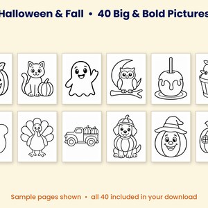 K&ouml;nnte beinhalten: Eine Sammlung von 40 Ausmalbildern zum Thema Halloween und Herbst mit schwarz-wei&szlig;en Strichzeichnungen von K&uuml;rbissen, einer Katze, einem Geist, einer Eule, einem Liebesapfel, einem Korb mit &Auml;pfeln, einem Eichh&ouml;rnchen, einem Truthahn und einem Hund.