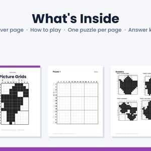 Picture Grids Printable Logic Puzzles, 30 Medium Nonogram Picture Puzzles PDF, Brain Games for Adults & Teens, With Answers image 2