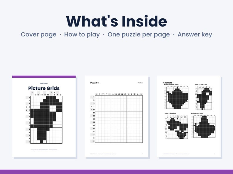 Picture Grids Printable Logic Puzzles, 30 Medium Nonogram Picture Puzzles PDF, Brain Games for Adults & Teens, With Answers image 2