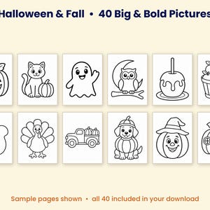 K&ouml;nnte beinhalten: Eine Sammlung von 40 Ausmalbildern zum Thema Halloween und Herbst mit schwarz-wei&szlig;en Strichzeichnungen von K&uuml;rbissen, einer Katze, einem Geist, einer Eule, einem Liebesapfel, einem Korb mit &Auml;pfeln, einem Eichh&ouml;rnchen, einem Truthahn und einem Hund.