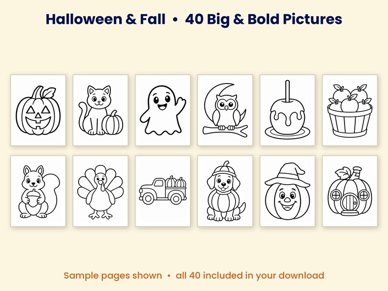 K&ouml;nnte beinhalten: Eine Sammlung von 40 Ausmalbildern zum Thema Halloween und Herbst mit schwarz-wei&szlig;en Strichzeichnungen von K&uuml;rbissen, einer Katze, einem Geist, einer Eule, einem Liebesapfel, einem Korb mit &Auml;pfeln, einem Eichh&ouml;rnchen, einem Truthahn und einem Hund.
