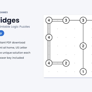 May include: MKM Games Bridges 30 Printable Logic Puzzles Easy. A digital document featuring a grid of circles containing numbers connected by lines. Text includes Instant PDF download, Print at home, US Letter, One unique solution each, Answer key included.