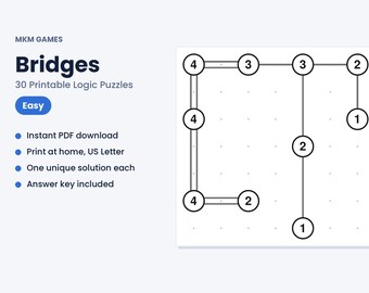 Bridges Printable Logic Puzzles, 30 Easy Hashi Island Puzzles PDF, Brain Games for Adults & Kids, With Answers