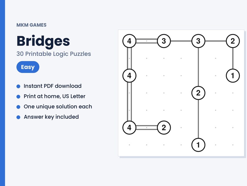 May include: MKM Games Bridges 30 Printable Logic Puzzles Easy. A digital document featuring a grid of circles containing numbers connected by lines. Text includes Instant PDF download, Print at home, US Letter, One unique solution each, Answer key included.