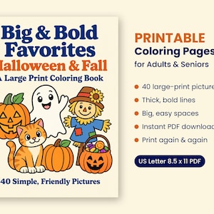 K&ouml;nnte beinhalten: Ein druckbares Malbuch mit dem Titel Big & Bold Favorites Halloween & Fall, das Illustrationen von K&uuml;rbis, Geist, Katze, Vogelscheuche und S&uuml;&szlig;igkeitenkorb zeigt. Der Text gibt 40 gro&szlig;formatige Bilder an, US Letter 21,59 x 27,94 cm PDF-Format.